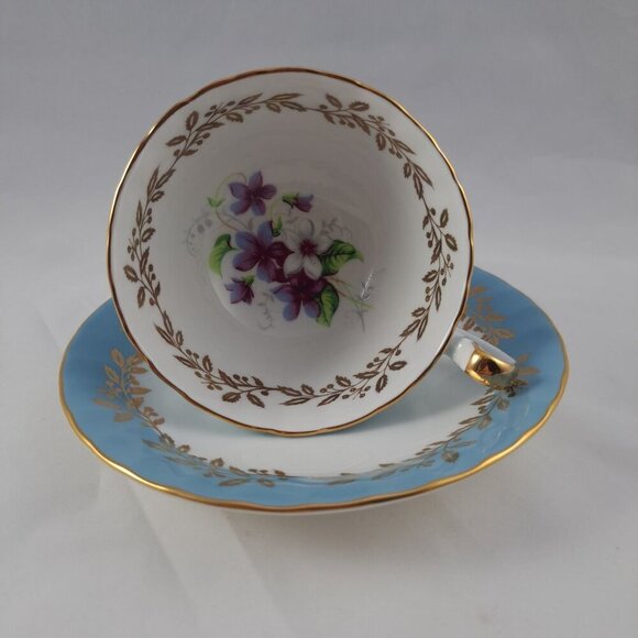 Aynsley Bone China Blue Gold Tea Cup Saucer Set Floral Interior Vintage - Picture 10 of 16
